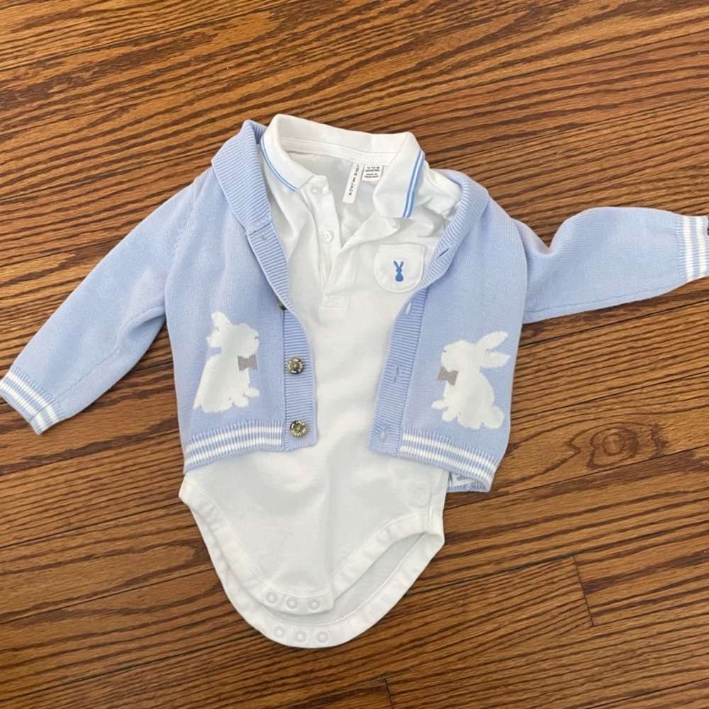 Janie and Jack - Blue and White Baby Cardigan with Bunny Design